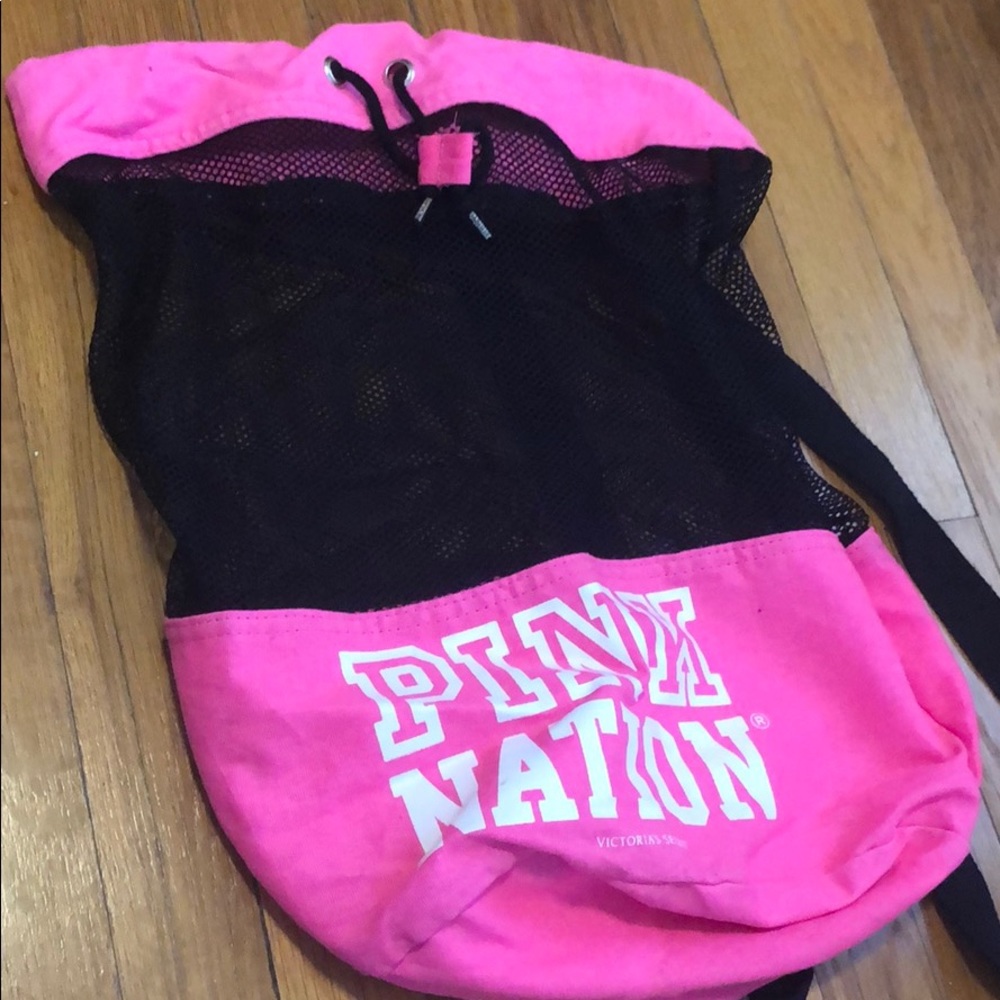 Pink drawstring beach bag
